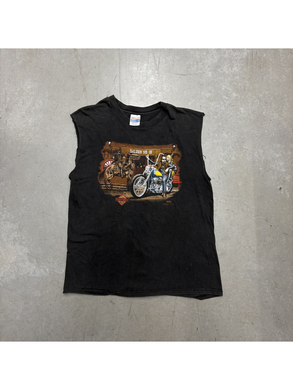 Vintage 90s Easy Riders Saloon Graphic Biker Cut Off T-Shirt Large Black